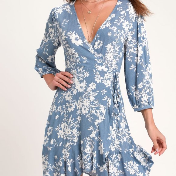Lulu’s Cornflower Blue and White Patterned Wrap Dress - Picture 1 of 8